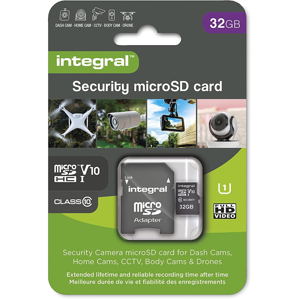 Integral Micro SD Security Card 32GB for Dash-Cams, Home Cams, CCTV, Body Cams and Drones. Extended lifetime and reliable recording time after time