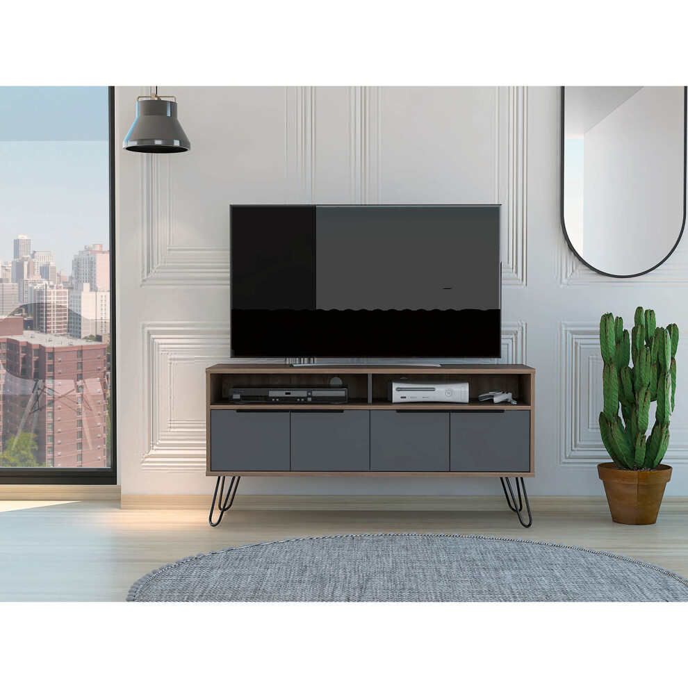 Two Tone Bleached Oak Widescreen TV Cabinet 4 Door Storage Metal Hair Pin Legs