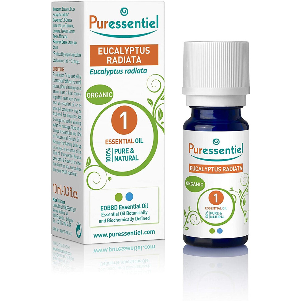 Puressentiel Organic Eucalyptus Radiata Essential Oil 10ml - 100% Pure & Natural, Vegan - Aromatherapy - Diffusion, Inhalation, Massage, Bath - Fresh