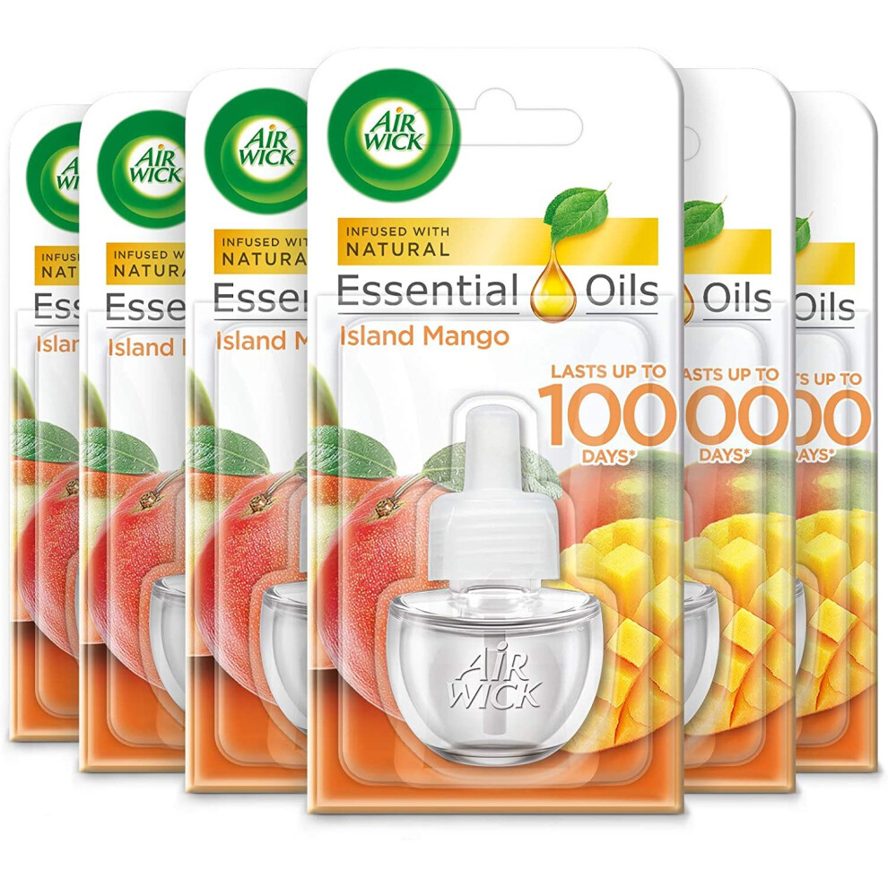 AirWick Essential Oils Air Freshener, Electrical Plug in Refills, Island Mango, Multipack of 6 x 100 days, Lasts Total Up to 400 days