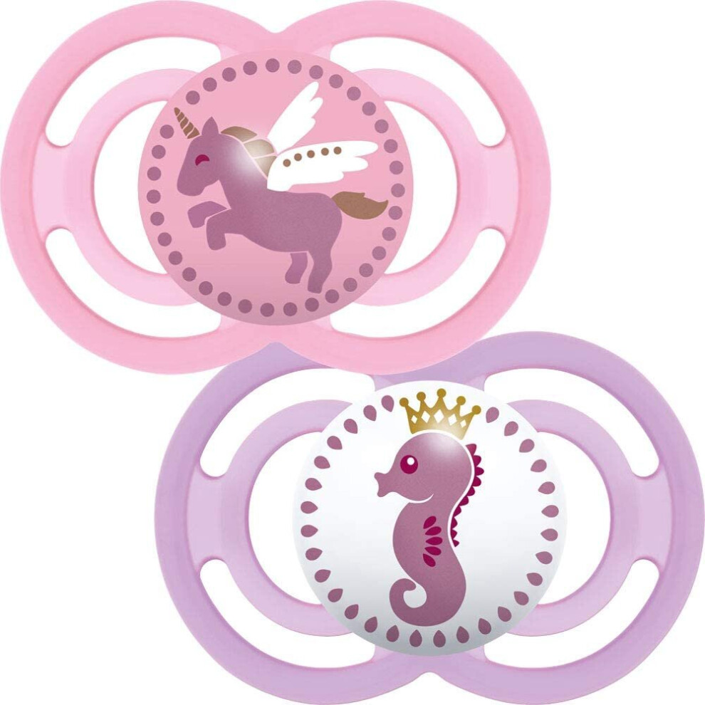 Perfect Soothers 6+ Months (Pack Of 2), Thinner And Softer Baby Soothers With Self Sterilising Travel Case, Newborn Essentials, (Designs May Pink Mam