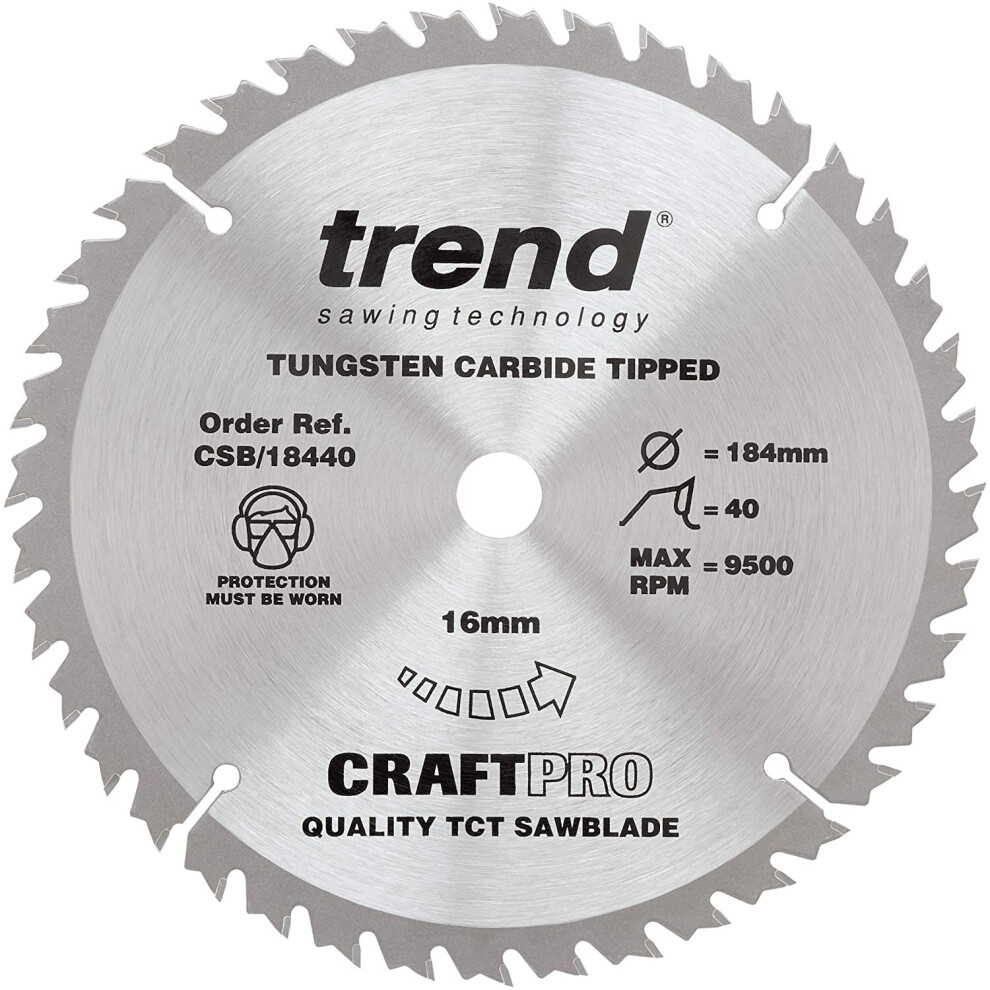 Trend Csb/18440 Craft Pro Trimming Crosscut Tct Blade Ideal For Dewalt, Einhell, Draper, And Bauker Circular Saws, Tungsten Carbide Tipped, 184Mm X 40