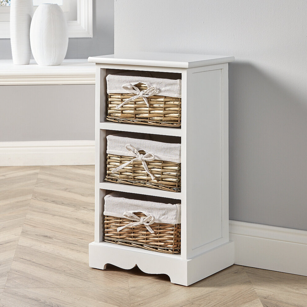 Wooden 3 Drawer Storage Chest Willow Wicker Baskets Bedside Fully Assembled