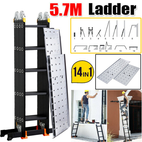 5.7M 14 in 1 Multi-Purpose Aluminium Folding Ladder w/2 Platform