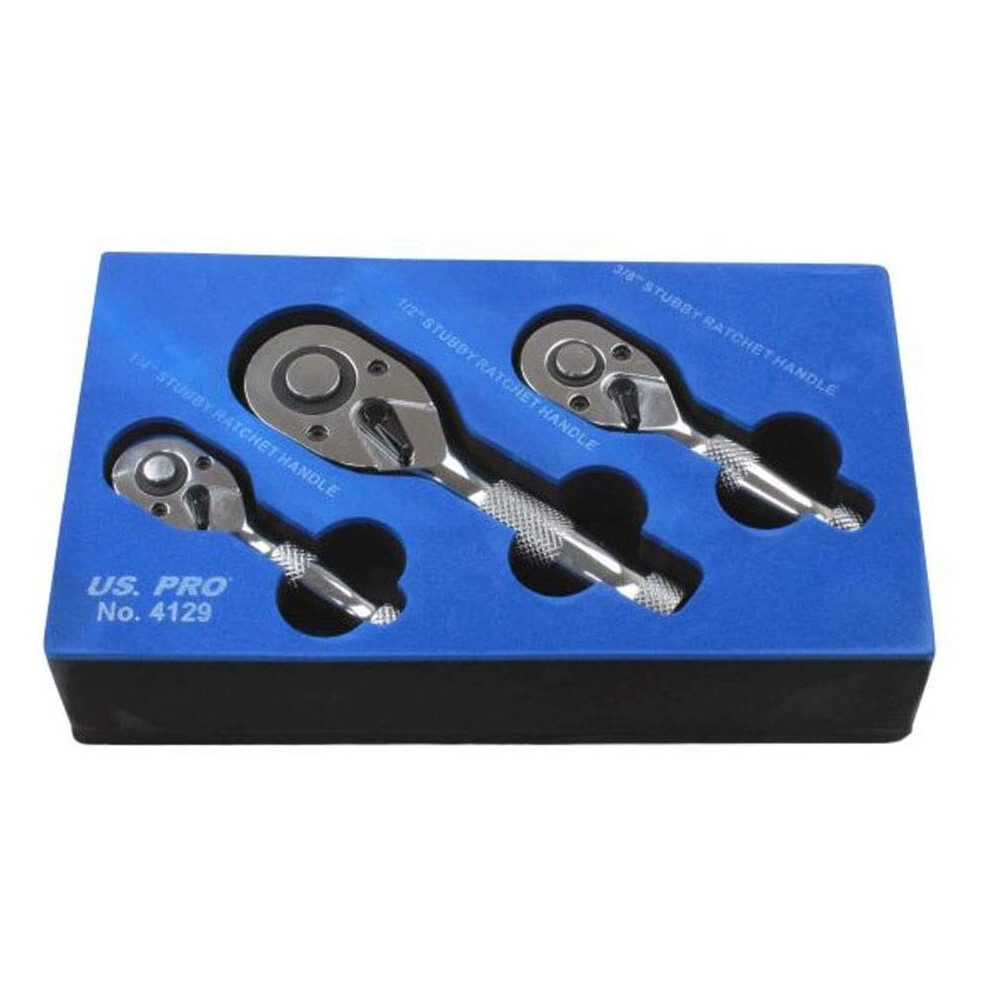US PRO B4129 Mini Spanner Ratchet Short 1/4"3/8" 1/2 Stubby 3 Piece Set