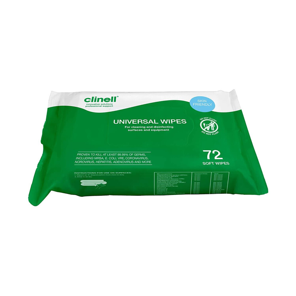 Clinell Universal Cleaning and Disinfectant Wipes for Surfaces - 12 Pack of 72 Wipes - Multi Purpose Wipes, Kills 99.99% of Germs, Effective from 10