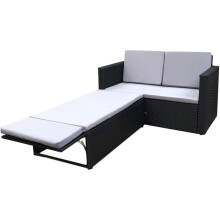 (Black) EVRE Lovebed 2 Seat Rattan Garden Furniture Patio Outdoor Sofa Set Daybed Sun Lounger with Cushions and Adjustable Footstool