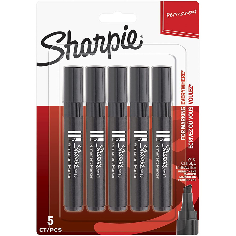 Sharpie W10 Permanent Markers, Chisel Tip, Black, 5 Count