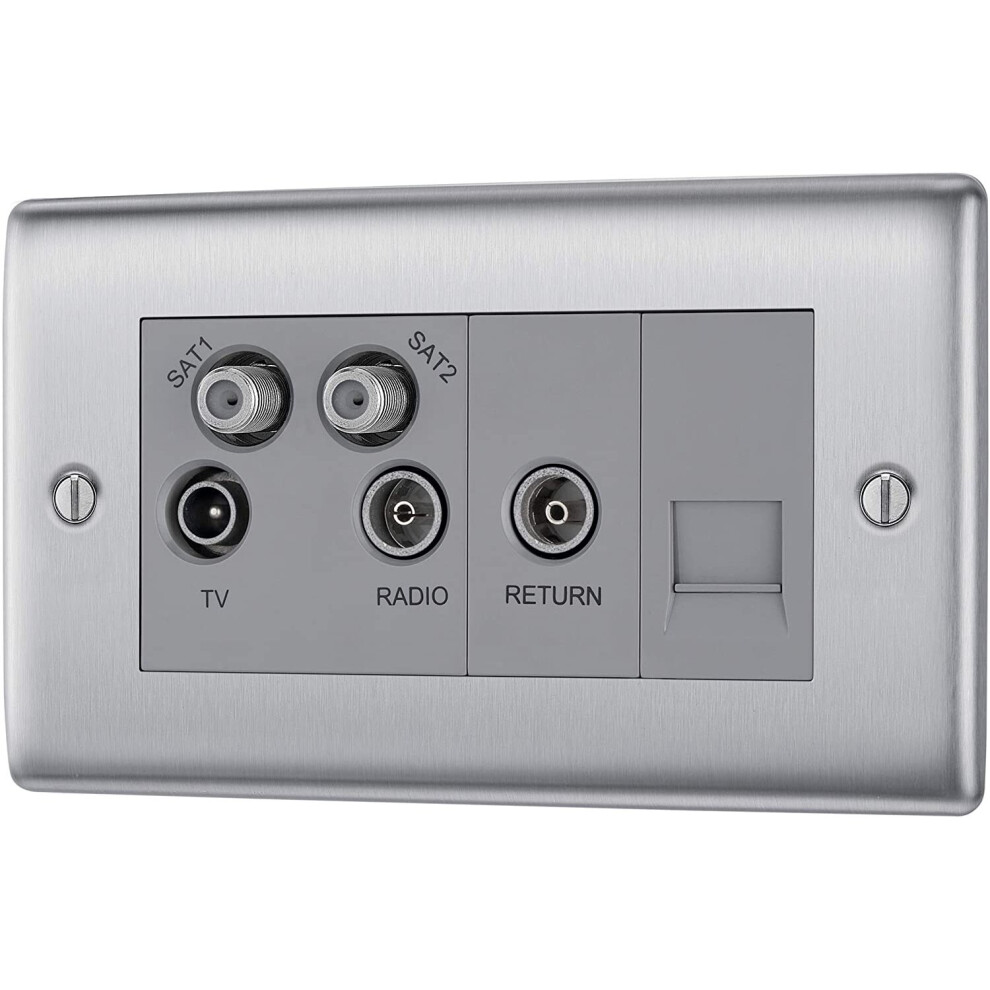 Bg Electrical Nbs69-01 Quadplex Tv/Fm And Double Satellite Socket, Brushed Steel With White Inserts, 2.7 Cm*8.6 Cm*14.6 Cm 5050765142199