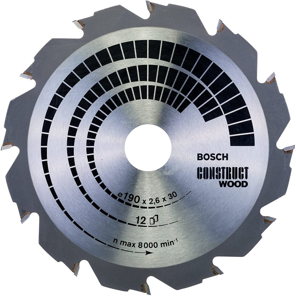 Bosch 2608640633 Wood Construct Circular Saw Blade, 190mm x 2.6mm x 30mm, 12Teeth, Silver