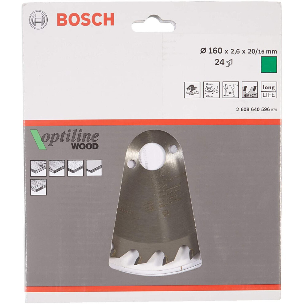Bosch 2608640596 Optiline Wood Circular Hand Saw Blade, 160mm x 2.6mm x 20mm, 24 Teeth, Grey
