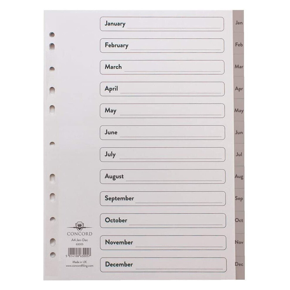 Concord Jan-Dec Grey Index Polypropylene 120 Micron Europunched A4 Ref 63005