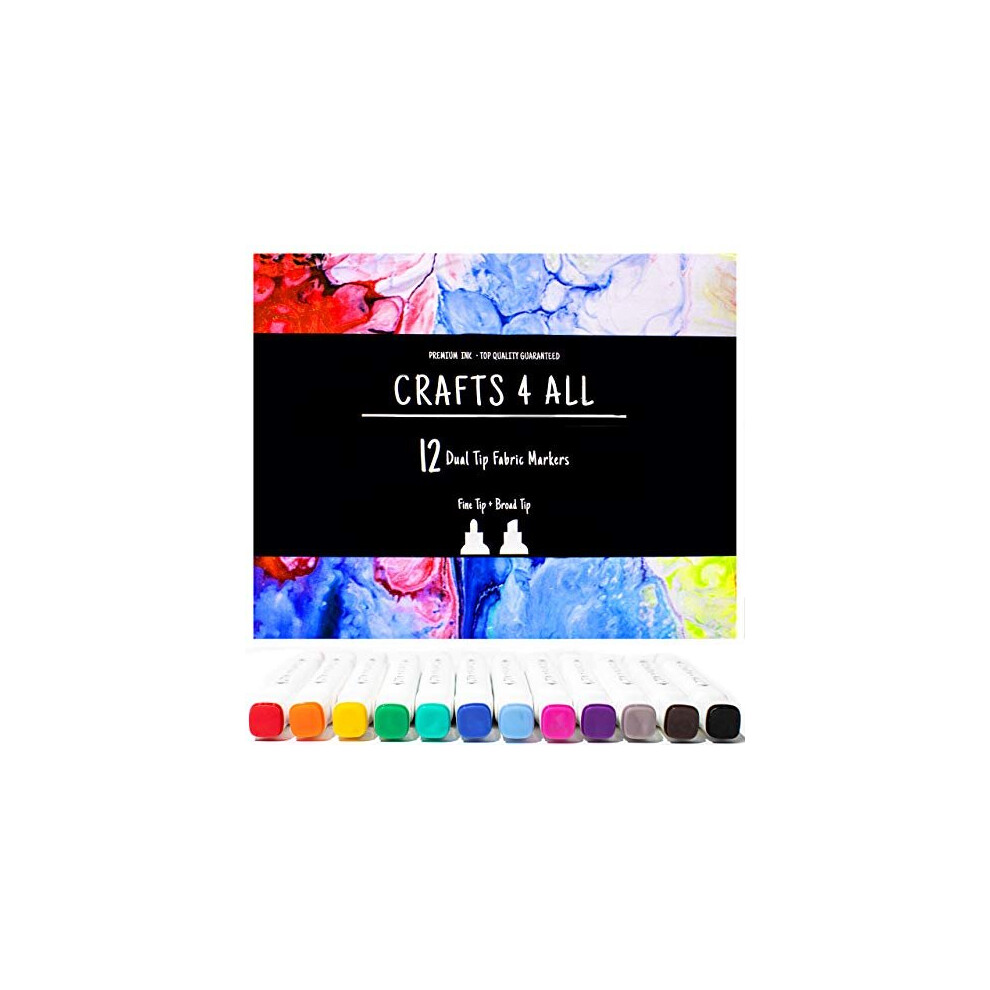 Crafts 4 ALL Fabric Pens - Pack of 12 Permanent, Dual Tip Fabric Markers in Vibrant Colours - Paint Pens for Paper, Bags, Shoes & Clothes