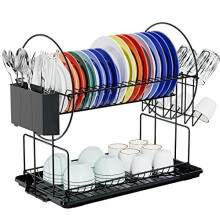 2-Tier Black Stainless Steel Dish Rack with Drip Tray, Drain Board & Utensil Holder — Rust-Resistant, Stable, Space-Saving