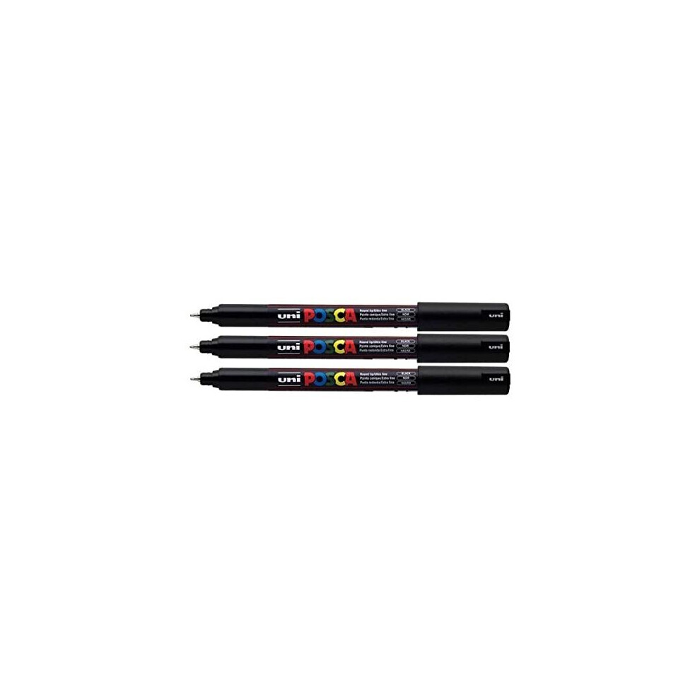Posca PC-1MR Black Colour Paint Marker Pens Ultra Fine 0.7mm Calibre Tip Nib Writes On Any Surface Glass Metal Wood Plastic Fabric (Pack Of 3)