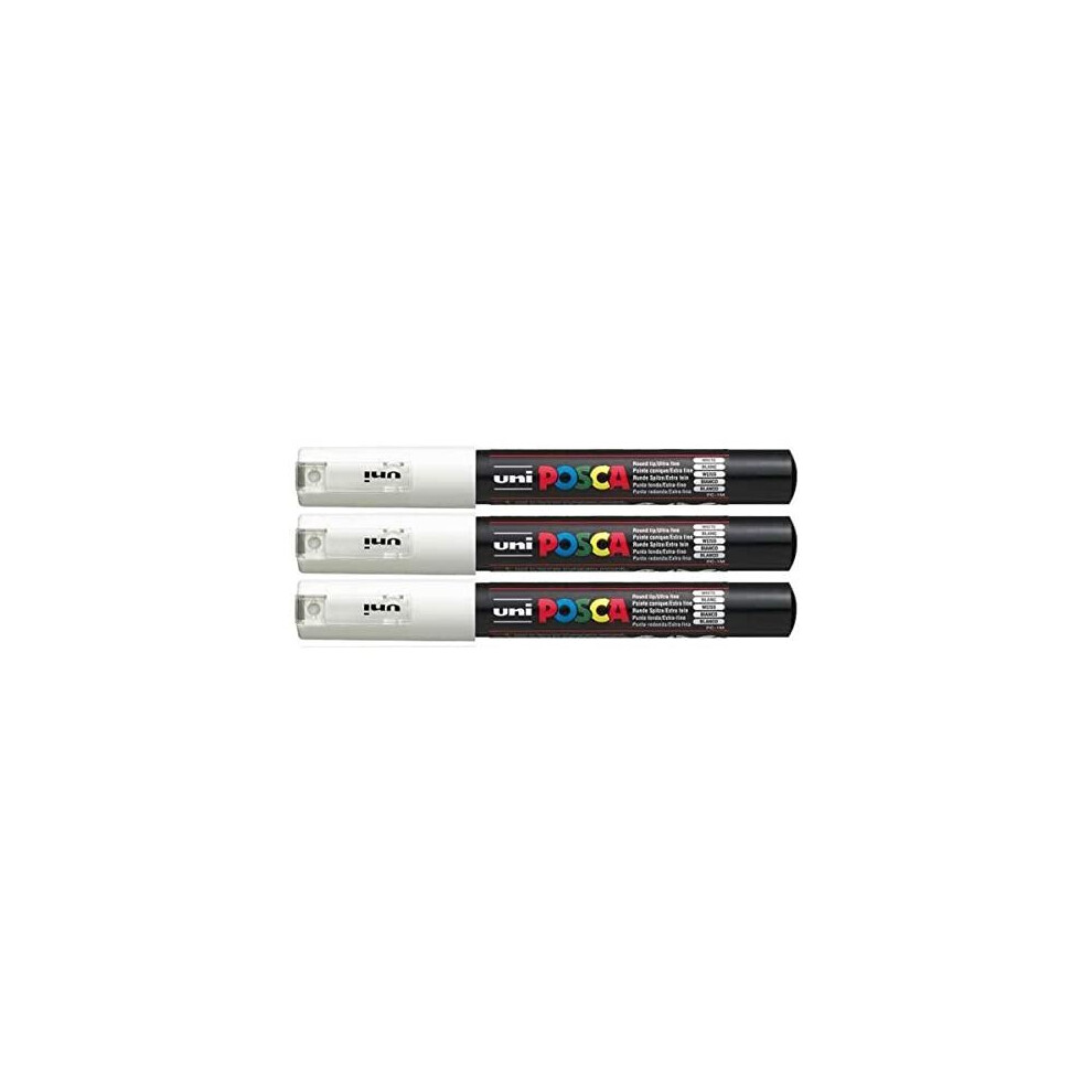 Posca PC-1M White Colour Extra Fine Paint Marker Pens 1mm Bullet Tip Nib Writes On Any Surface Glass Stone Wood Metal Fabric Plastic (Pack Of 3)