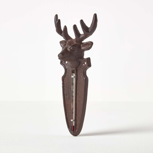 Homescapes Homescapes Brown Wall Mounted Cast Iron Stag Garden Thermometer