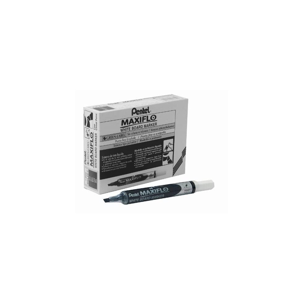 Pentel Maxiflo Dry Wipe Slim Chisel Tip Marker - Black (Pack of 12)