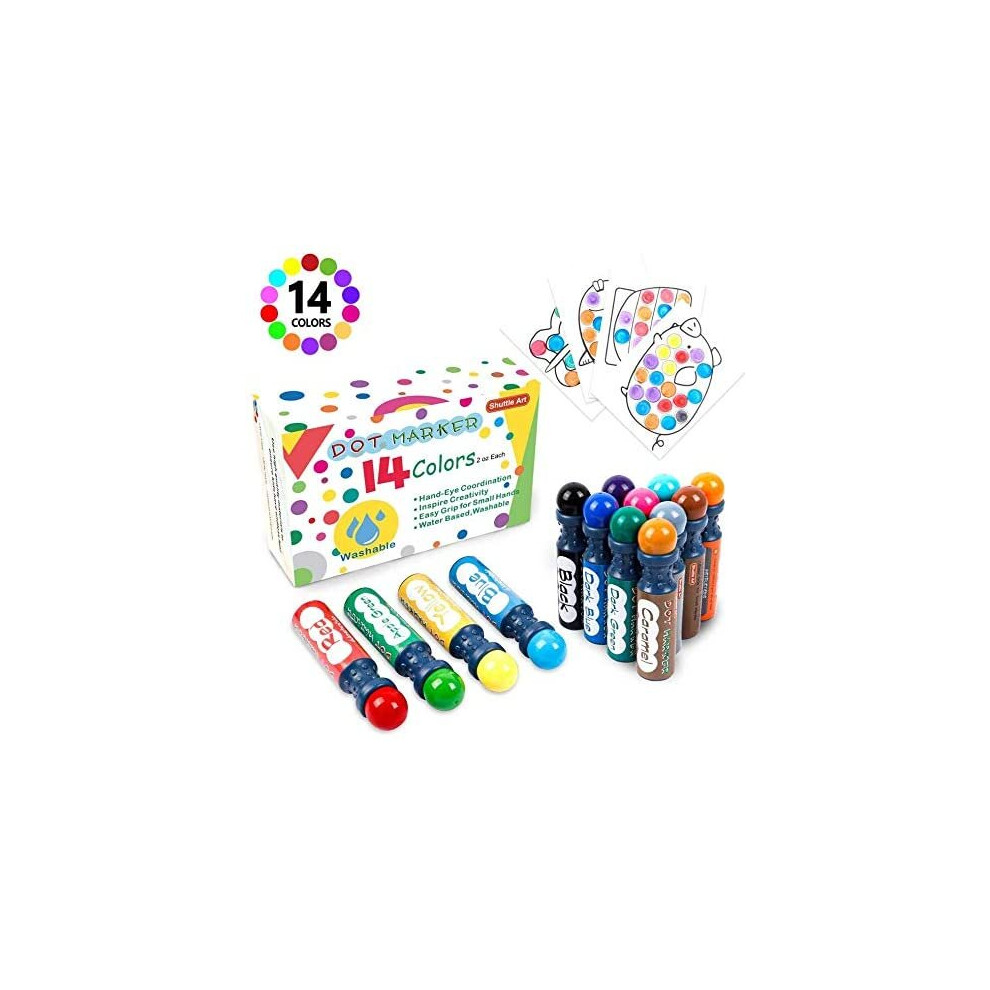 Bingo Dabbers, Shuttle Art 14 Colours Bingo Pens with 10 Patterns Double Adhesive Paper, Washable Dot Markers for Kids Toddlers, Non-Toxic Water