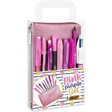 BIC Pink & Purple Set - 1 Pencil Case, 2 Ball Pens/1 Erasable Gel Pen/1 Graphite Pencil with Eraser/1 Writing Felt Pen/3 Permanent Markers/1 Mech