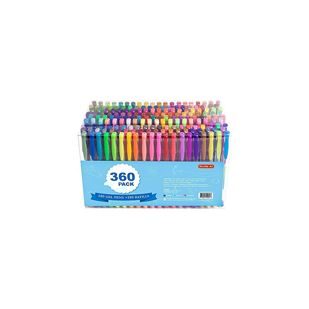 360 Pack Gel Pens Set, Shuttle Art 180 Colours Gel Pen Set and 180 Colour Refills Perfect for Adult Colouring Books Doodling Drawing Art Markers