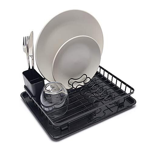 simplywire - Compact Black Dish Drainer/Plate Drying Rack with Drip Tray - Small
