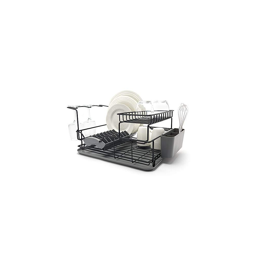 simplywire - Premium Two Tier Dish Drainer - Removable Over Sink Plate Rack - Wine Glass Holder