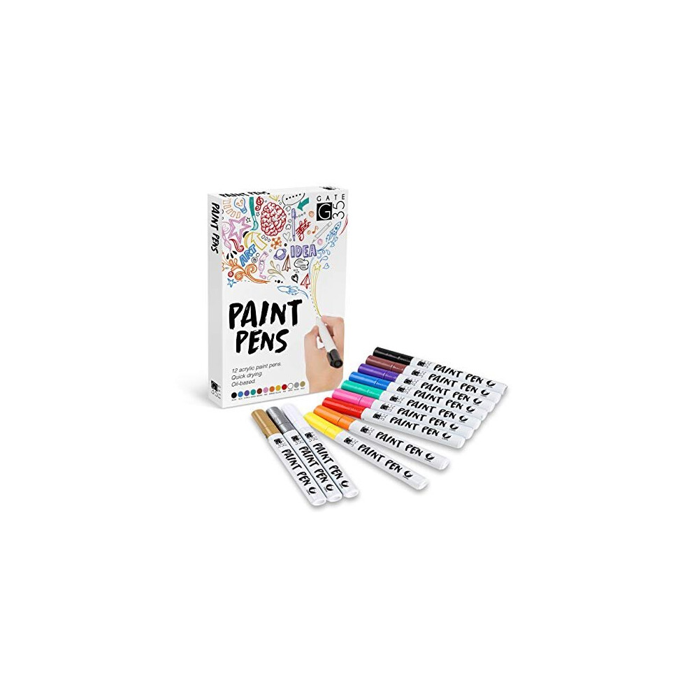 12pc Premium Acrylic Paint Pen Set - Perfect Kit for Colouring Rocks - Great Gift for Fabric Art