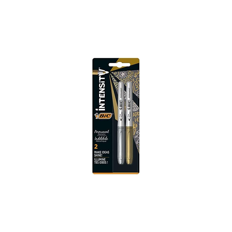 BIC Marking Metallic Colours Permanent Markers, Medium Bullet Tip Pens, Gold and Silver Colours, Pack of 2