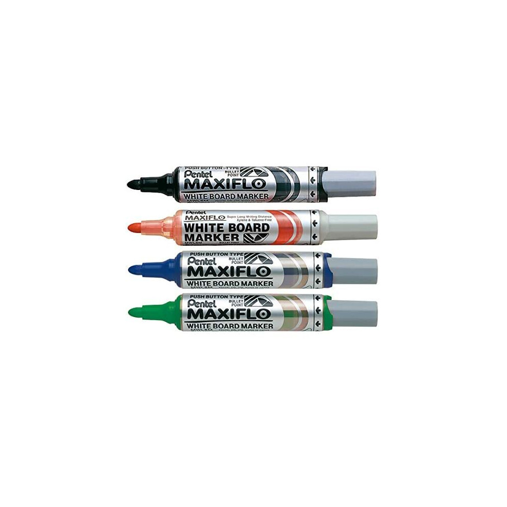 Pentel 6.0mm Bullet Tip Wallet 4 Maxiflo White Board Marker Liquid Ink Marker - Black/Red/Blue/Green