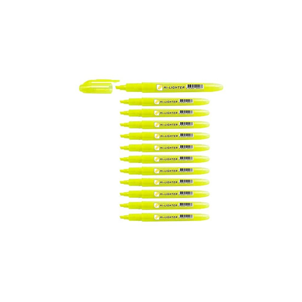 CROWN H-500 Highlighter Pens Chisel Tip Slim Highlighters - Pack Of 12 - With Bright Fluorescent Ink - Yellow