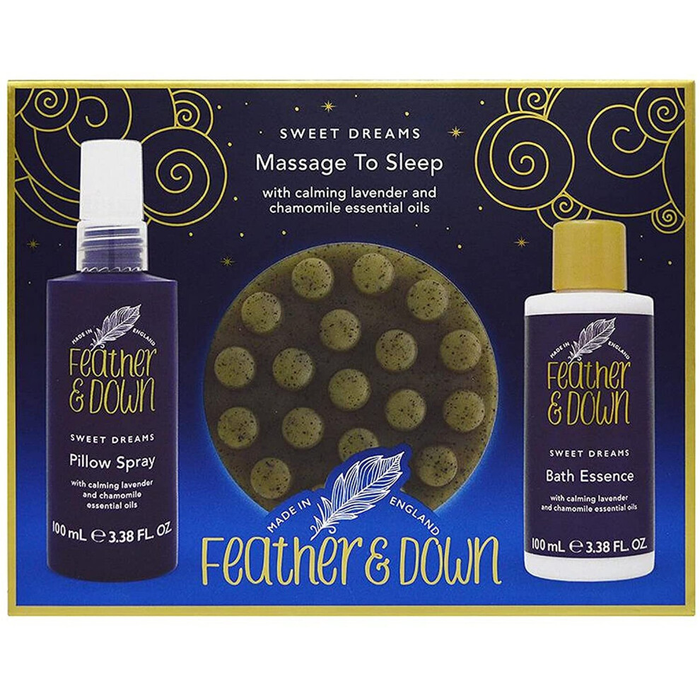 Feather & Down Massage to Sleep Gift Set (Pillow Spray, Massage Soap Bar & Bath Essence) - Infused with Lavender & Chamomile Essential oils. Vegan