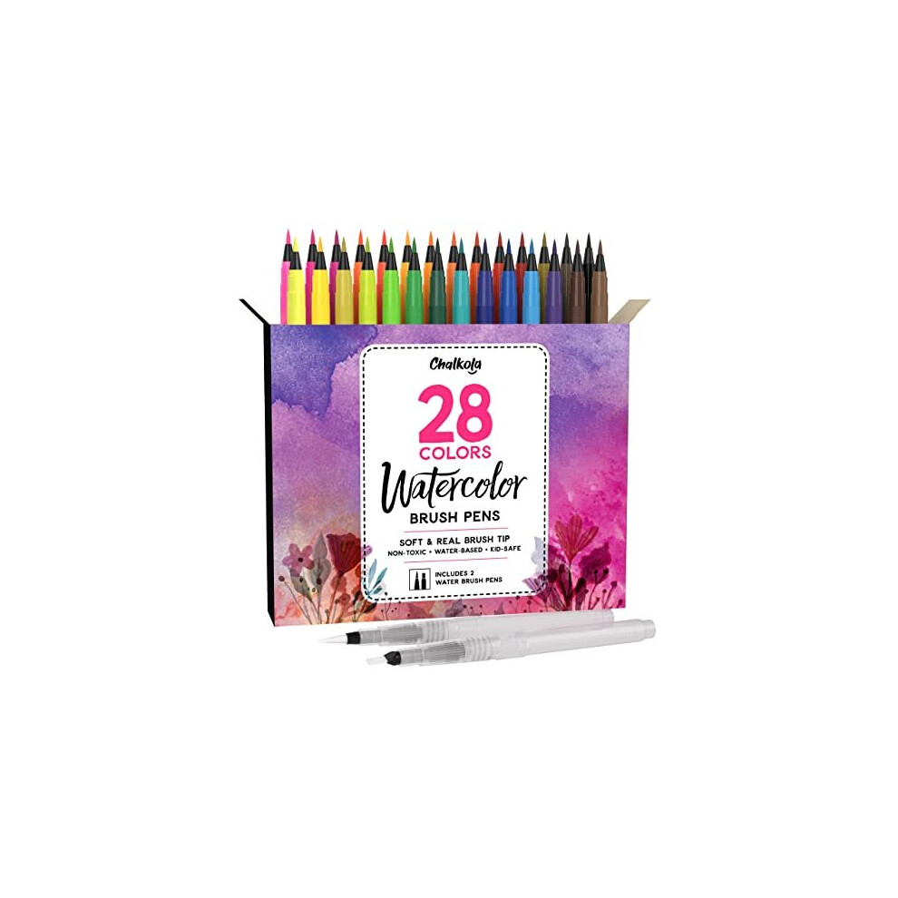 Chalkola Watercolour Brush Pens for Colouring, Calligraphy, Lettering - Set of 28 Colours, 15 Water Pad, 2 Paint Brush Tip Markers - Drawing Craf