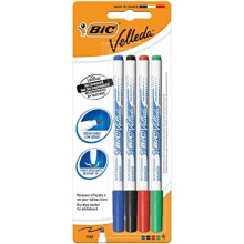 BIC 1721 Velleda Dry-Wipe Whiteboard Markers with Fine Bullet Tip, Blister Pack of 4, Assorted Colours