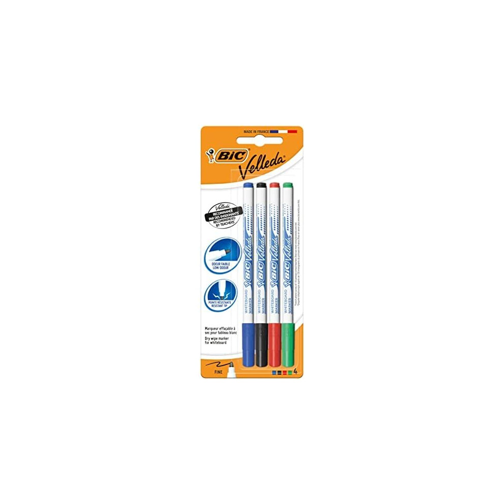 Bic 1721 Velleda Dry-Wipe Whiteboard Markers With Fine Bullet Tip, Blister Pack Of 4, Assorted Colours