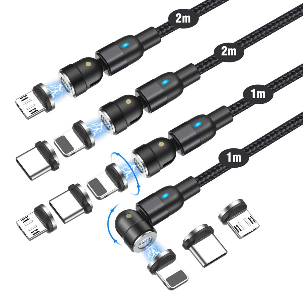 360Â° & 180Â° Rotation Magnetic Charging Cable(1M+1M+2M+2M), Vafoton Fast Charging And Data Transfer Magnetic Cable, 3 In 1 Magnetic Phone Charger Black 738635218995