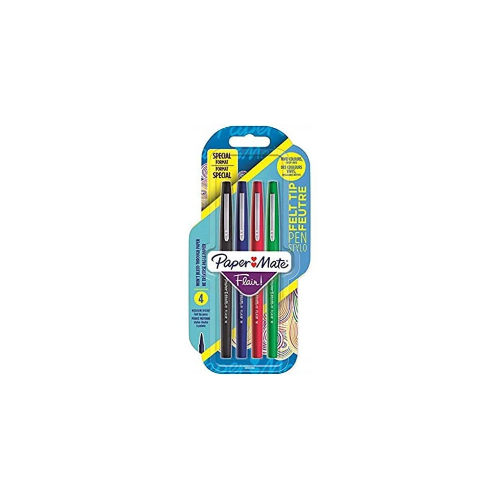 Paper Mate Flair Felt Tip Pens - Coloured. Pack of 4.