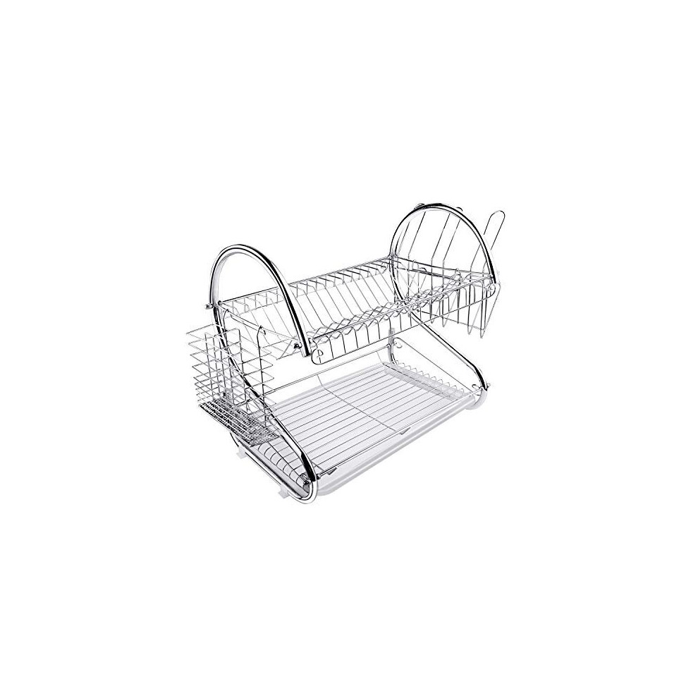 ARyee Two Tier Dish Drainer Rack Silver, Bowls Dishes Plates Cup Holder with Drip Tray