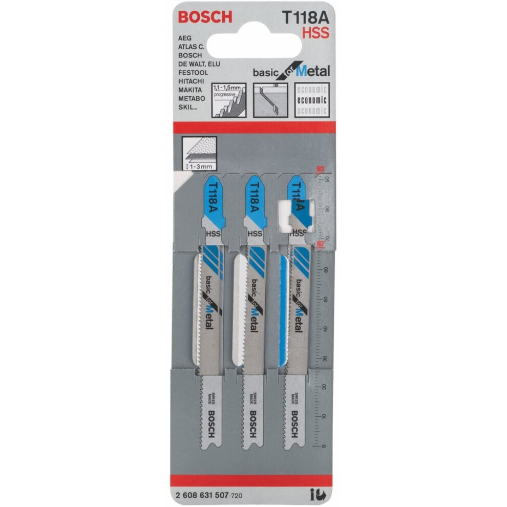 Bosch Professional 3x Jigsaw Blade T 118 A Basic for Metal (for Steel sheets, Accessories Jigsaw)