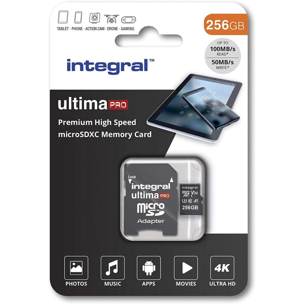 Integral 256GB Micro SD Card 4K Video Premium High Speed Memory Card SDXC Up to 100MB s Read Speed and 50MB s Write speed V30 C10 U3 UHS-I A1