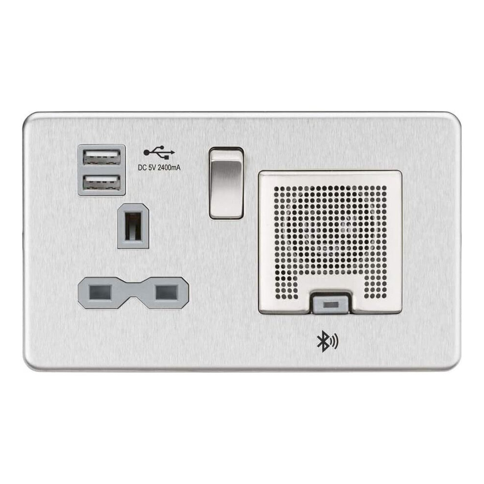 Knightsbridge Sfr9905bcg Screwless Socket With 2.4 A Usb Chargers And Bluetooth Speaker, Brushed Chrome With Grey Insert, 13 A 5055832974444