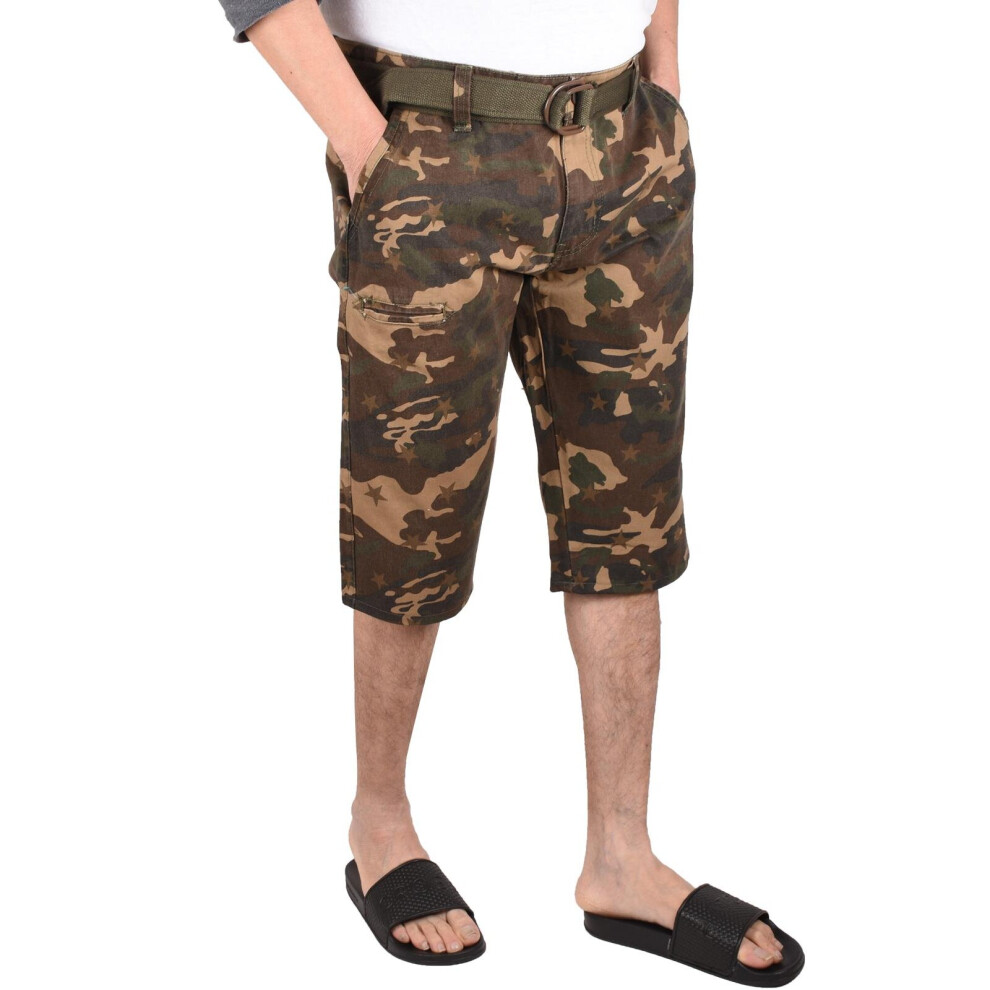 (Army, 34) Mens Camouflage Shorts Casual Half Pants Free Belt