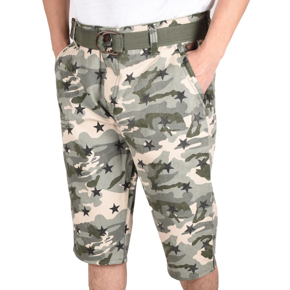 (Light Green, 32) Mens Camouflage Shorts Casual Half Pants Free Belt