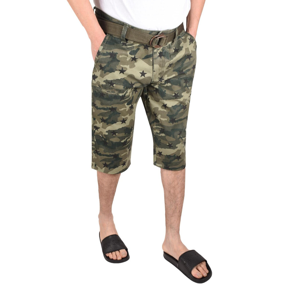 (Olive, 30) Mens Camouflage Shorts Casual Half Pants Free Belt