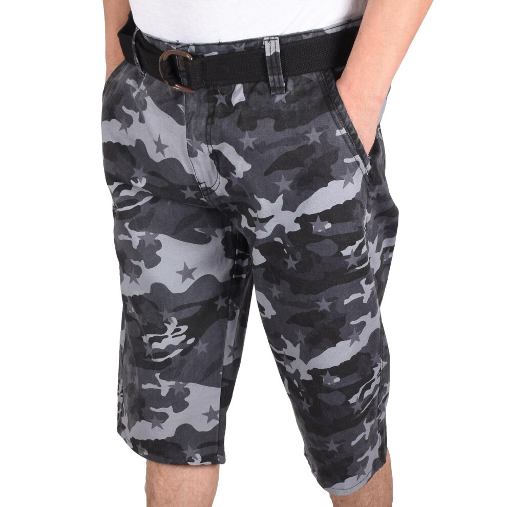 (Mid Grey, 32) Mens Camouflage Shorts Casual Half Pants Free Belt