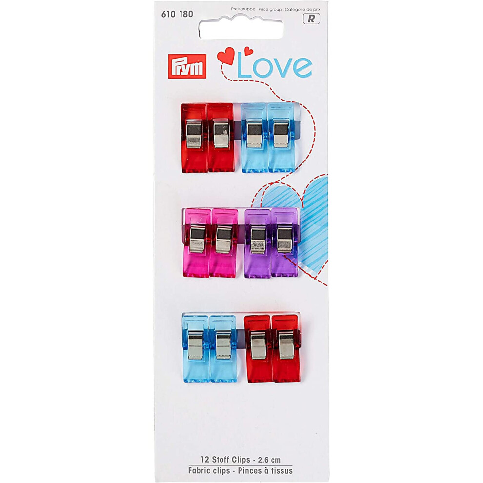 Prym Love Fabric Clips 2.6 cm, Light Blue/Red/Purple/Pink, 18 x 6.7 x 1.2 cm