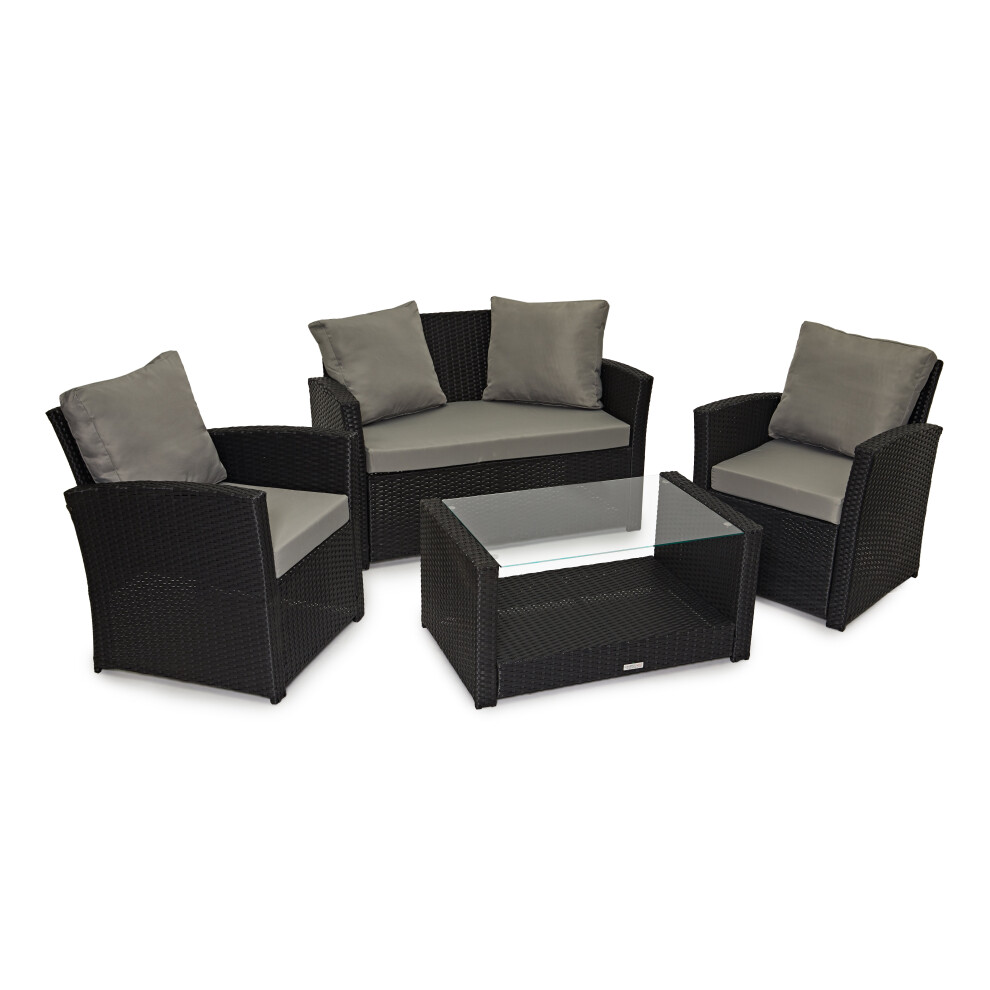 (Black, With Cover) EVRE 4 Seater Rattan Garden Conservatory Patio Furniture Sofa Armchair Roma Set with Glass Top Coffee Table Wicker Weave Sofa and Cushions
