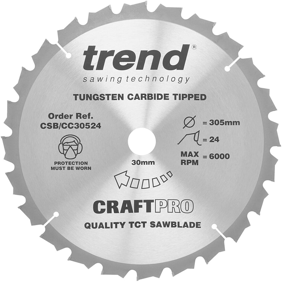 Trend Csb/Cc30524 Craft Pro Negative Hook Crosscutting Tct Circular Saw Blade, 305Mm X 24 Teeth X 30Mm Bore, Tungsten Carbide Tipped