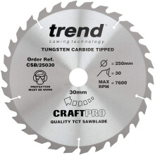 Trend CSB/25030 Craft Pro Rip TCT Circular Blade for Table Saws, 250mm x 30 Teeth x 30mm Bore, Tungsten Carbide Tipped