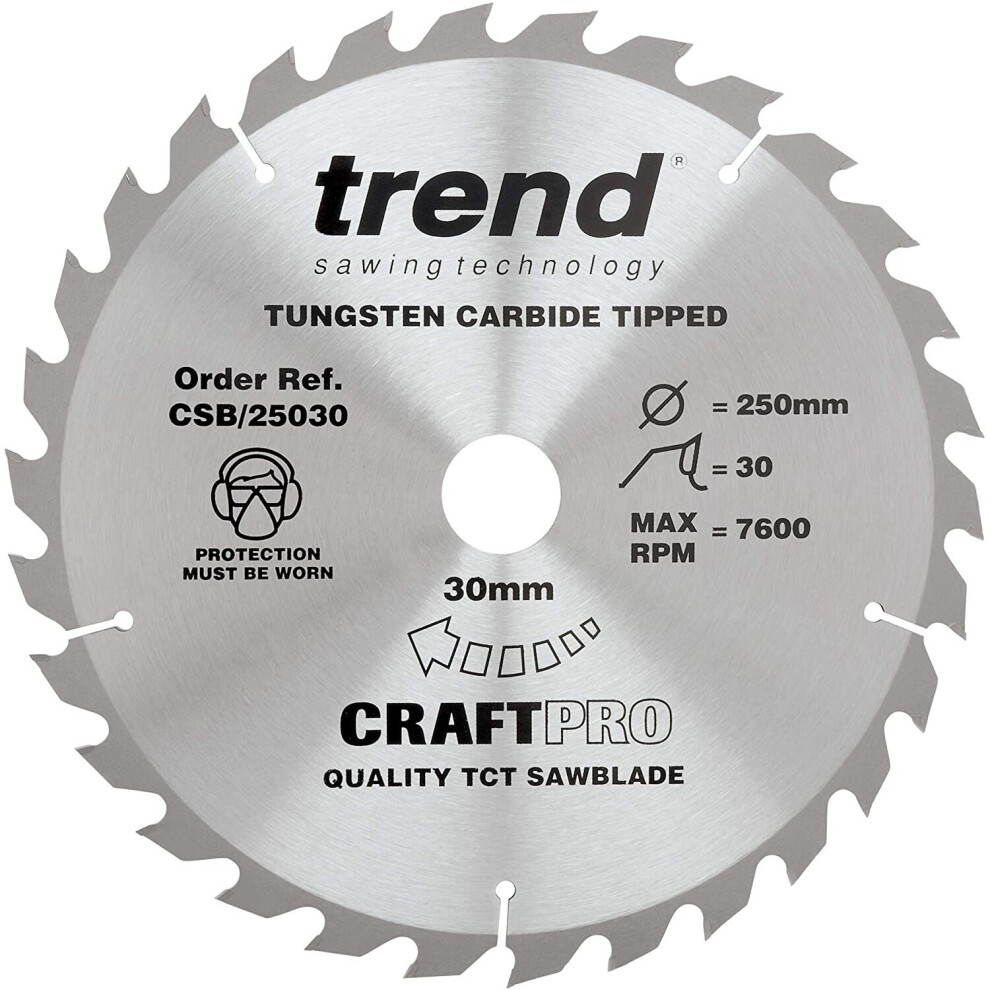 Trend Csb/25030 Craft Pro Rip Tct Circular Blade For Table Saws, 250Mm X 30 Teeth X 30Mm Bore, Tungsten Carbide Tipped